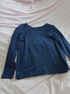 Dalia Blue Textured Medium Floral Eyelet Lace Shoulder Detail Long Sleeve